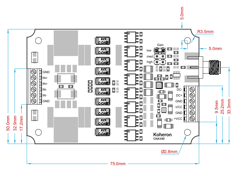 CNA100 Ultra-low noise current amplifier mechanical dimensions