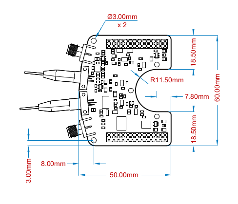 LBRP2 Laser Board for the Red Pitaya mechanical dimensions