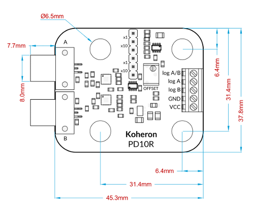 PD10R Dual logarithmic photodetector mechanical drawing